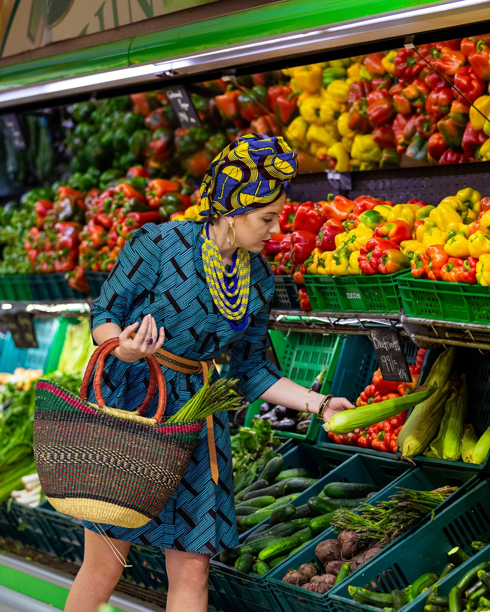 Lifestyle portrait at a fresh produce stall