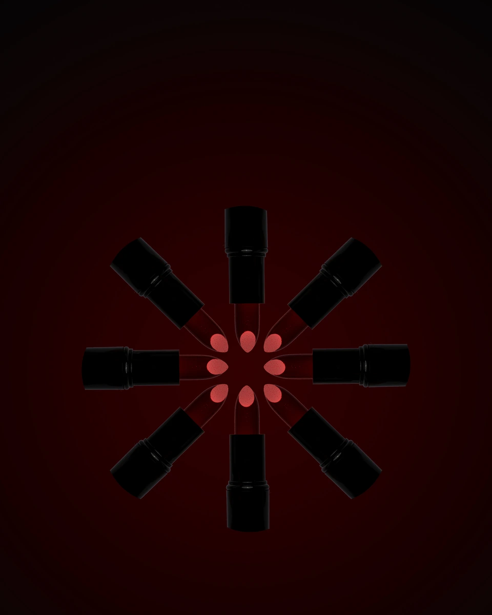 Lip products arranged in a radial pattern on a dark background
