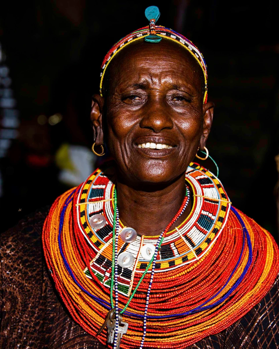 Portrait with colourful layered traditional beadwork