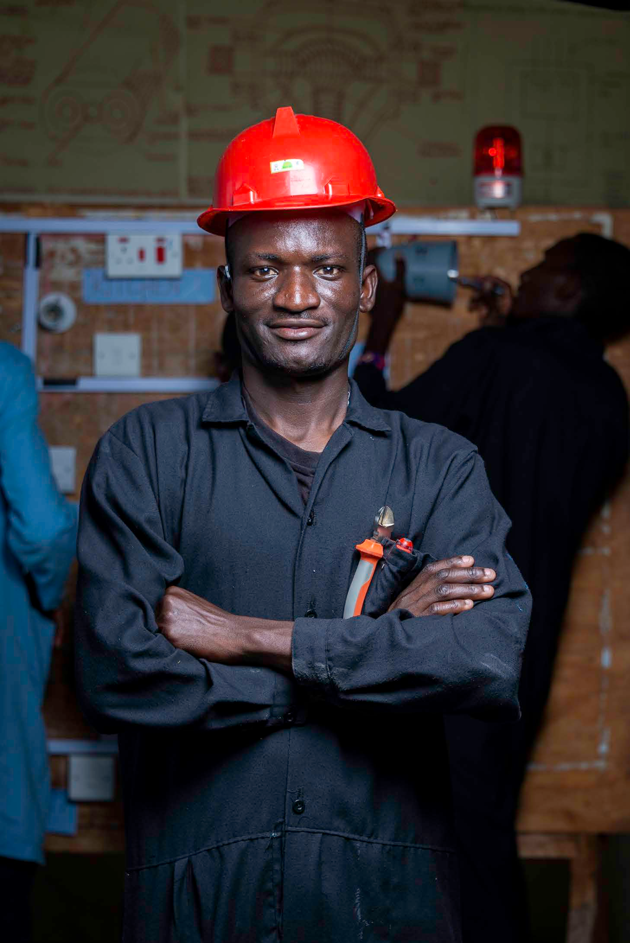 Industrial worker wearing protective headgear
